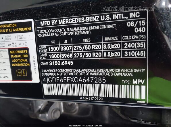 4JGDF6EEXGA647285 2016 MERCEDES-BENZ GL 450 Black Вид підкапотного простору