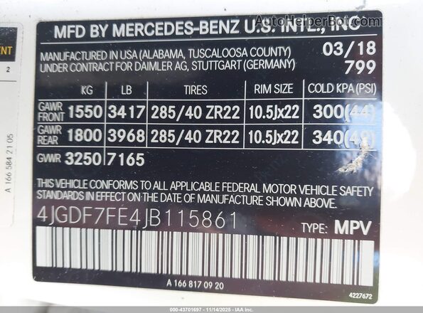 4JGDF7FE4JB115861 2018 MERCEDES-BENZ AMG GLS 63 White Engine compartment view