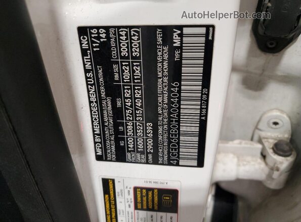 4JGED6EB0HA064046 2017 MERCEDES-BENZ GLE White VIN კოდის სტიკერის ხედი