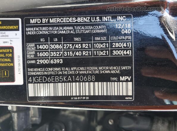 4JGED6EB5KA140688 2019 MERCEDES-BENZ GLE Black Vista de la etiqueta del VIN