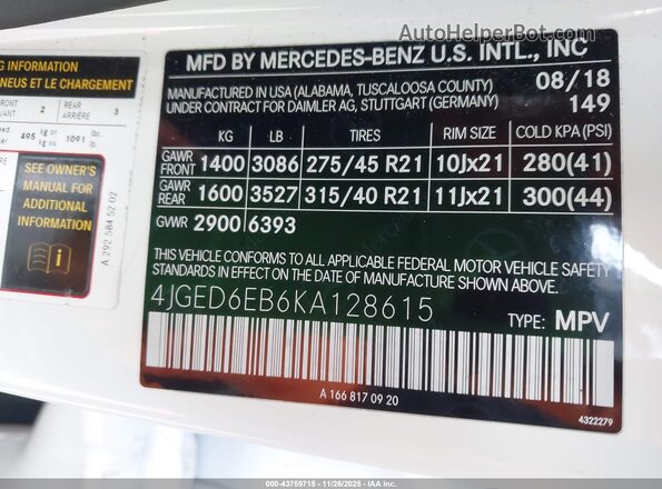 4JGED6EB6KA128615 2019 MERCEDES-BENZ AMG GLE 43 COUPE White Engine compartment view