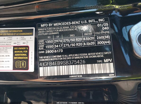 4JGFB4EB9SB375426 2025 MERCEDES-BENZ GLE 350 Black Շարժիչի բաժամունքի տեսք