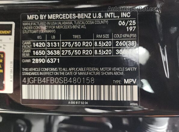 4JGFB4FB0SB480158 2025 MERCEDES-BENZ GLE Black VIN კოდის სტიკერის ხედი