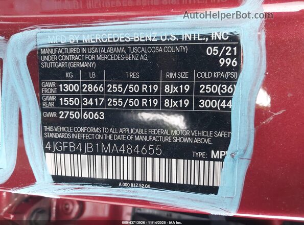4JGFB4JB1MA484655 2021 MERCEDES-BENZ GLE 350 Red Vista del compartimento del motor