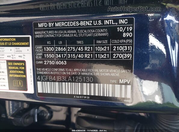 4JGFB4JB3LA125130 2020 MERCEDES-BENZ GLE 350 Black Vista del compartimento del motor