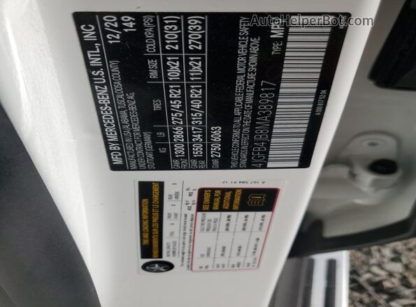 4JGFB4JB8MA389817 2021 MERCEDES-BENZ GLE White VIN sticker view