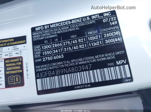 4JGFB4JB9NA803947 2022 MERCEDES-BENZ GLE 350 White ძრავის განყოფილების ხედი