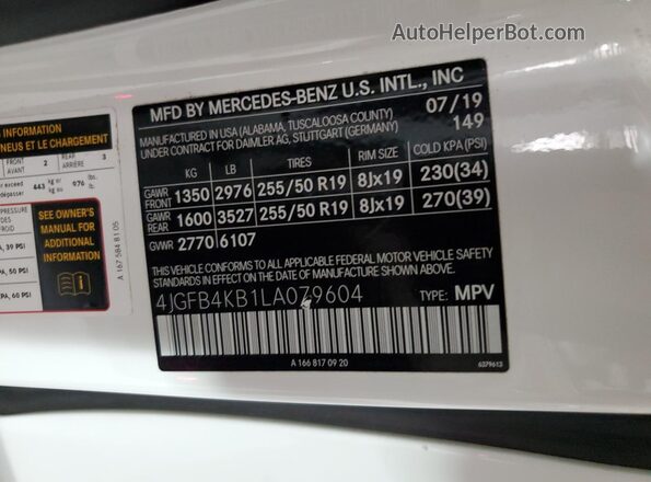 4JGFB4KB1LA079604 2020 MERCEDES-BENZ GLE Белый Вид наклейки с VIN-кодом