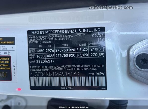 4JGFB4KB1MA516180 2021 MERCEDES-BENZ GLE 350 White Вид підкапотного простору