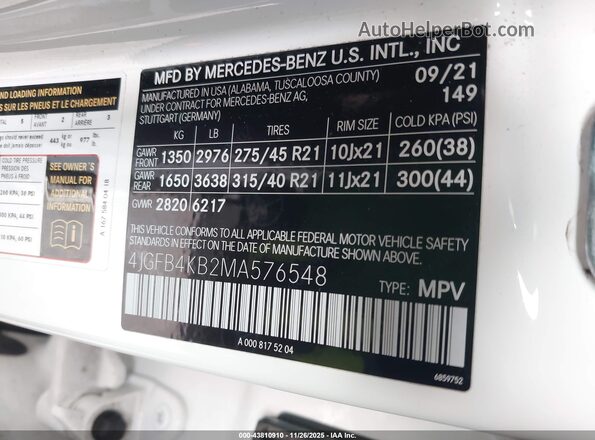 4JGFB4KB2MA576548 2021 MERCEDES-BENZ GLE 350 White Widok komory silnika