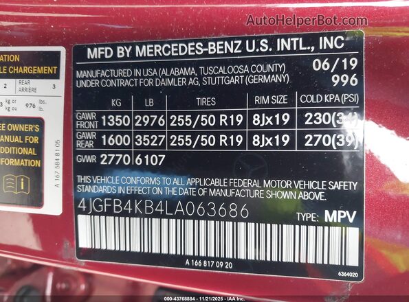 4JGFB4KB4LA063686 2020 MERCEDES-BENZ GLE 350 Red 