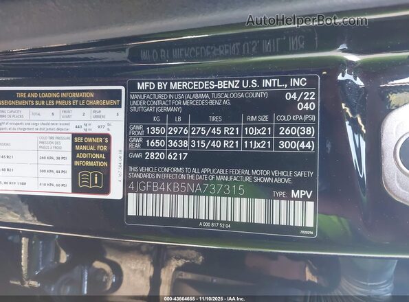 4JGFB4KB5NA737315 2022 MERCEDES-BENZ GLE 350 Черный 