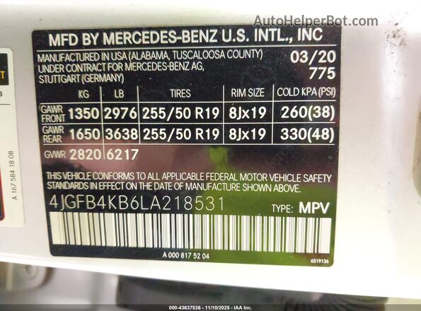 4JGFB4KB6LA218531 2020 MERCEDES-BENZ GLE 350 Серый Вид подкапотного пространства