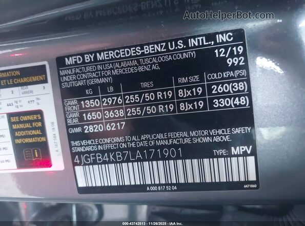 4JGFB4KB7LA171901 2020 MERCEDES-BENZ GLE 350 Gray 