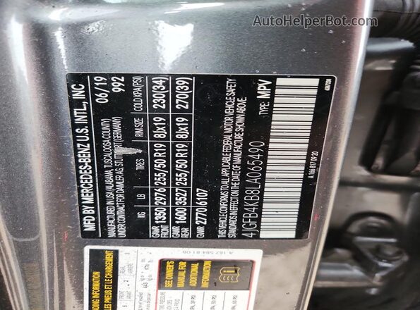 4JGFB4KB8LA065490 2020 MERCEDES-BENZ GLE Gray Vista de la etiqueta del VIN