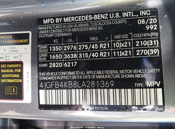 4JGFB4KB8LA281369 2020 MERCEDES-BENZ GLE 350 Gray 