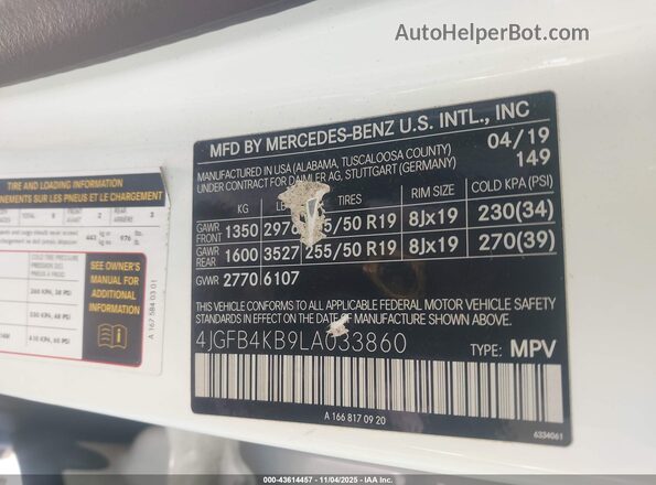 4JGFB4KB9LA033860 2020 MERCEDES-BENZ GLE 350 White 