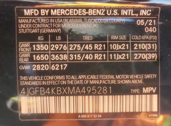 4JGFB4KBXMA495281 2021 MERCEDES-BENZ GLE Black Вид наклейки з VIN-кодом