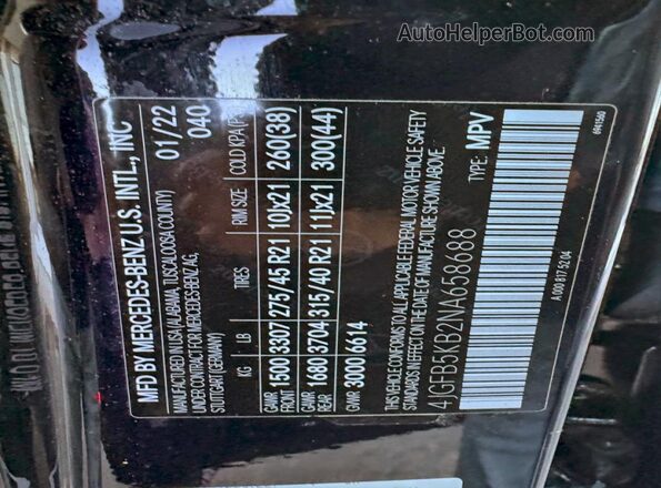 4JGFB5KB2NA658688 2022 MERCEDES-BENZ GLE Черный Вид наклейки с VIN-кодом
