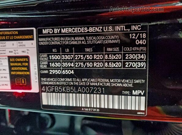 4JGFB5KB5LA007231 2020 MERCEDES-BENZ GLE Black VIN sticker view