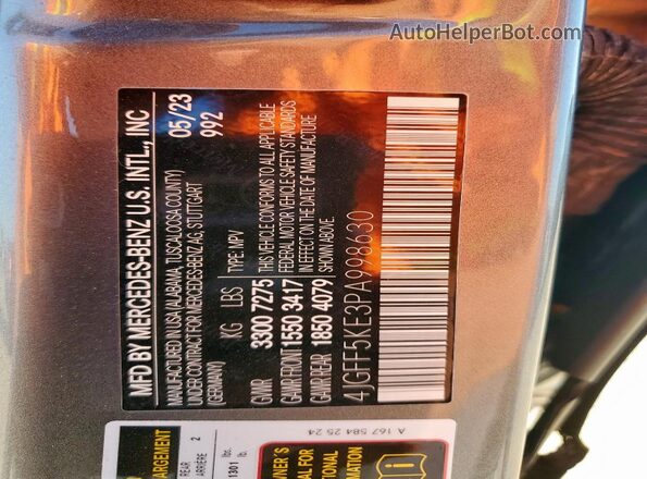 4JGFF5KE3PA998630 2023 MERCEDES-BENZ GLS Gray Widok naklejki z numerem VIN
