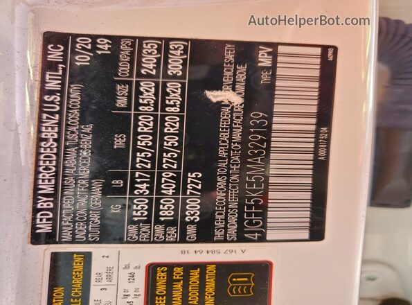 4JGFF5KE5MA329139 2021 MERCEDES-BENZ GLS White VIN sticker view