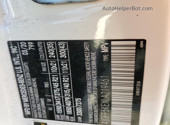 4JGFF5KEXLA219461 2020 MERCEDES-BENZ GLS White Widok naklejki z numerem VIN