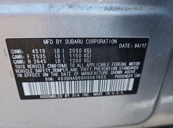 4S3BNAB66H3061655 2017 SUBARU LEGACY Silver Widok naklejki z numerem VIN