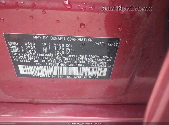 4S3BNEN60K3021002 2019 SUBARU LEGACY Red 