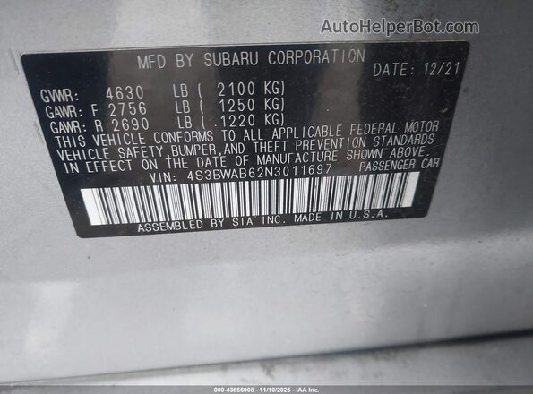 4S3BWAB62N3011697 2022 SUBARU LEGACY Silver 