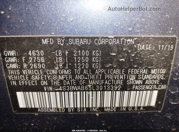 4S3BWAB65L3013392 2020 SUBARU LEGACY Blue Widok komory silnika