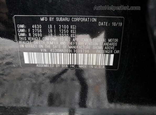 4S3BWAB69L3009796 2020 SUBARU LEGACY Black VIN sticker view