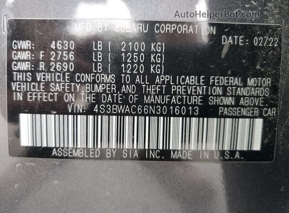 4S3BWAC66N3016013 2022 SUBARU LEGACY Gray Vista de la etiqueta del VIN