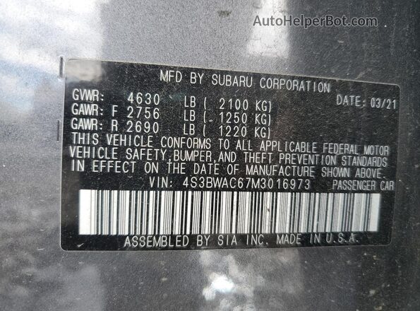 4S3BWAC67M3016973 2021 SUBARU LEGACY Gray 