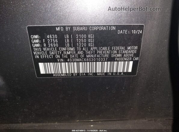 4S3BWAC68S3010337 2025 SUBARU LEGACY Gray Vista del compartimento del motor