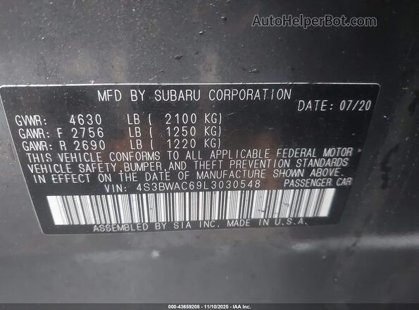 4S3BWAC69L3030548 2020 SUBARU LEGACY Gray ძრავის განყოფილების ხედი