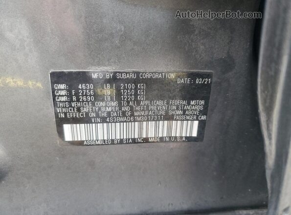4S3BWAD61M3017311 2021 SUBARU LEGACY Gray VIN კოდის სტიკერის ხედი