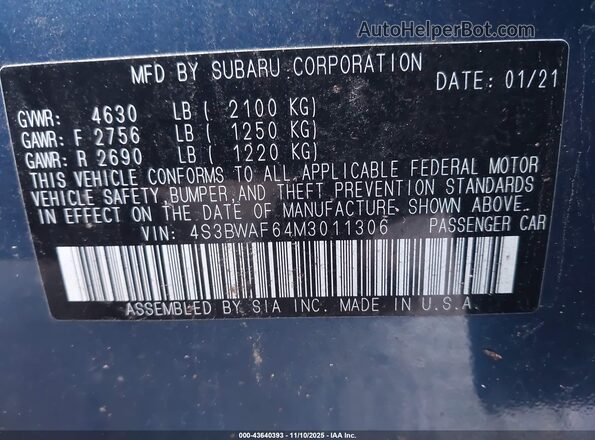 4S3BWAF64M3011306 2021 SUBARU LEGACY Blue 
