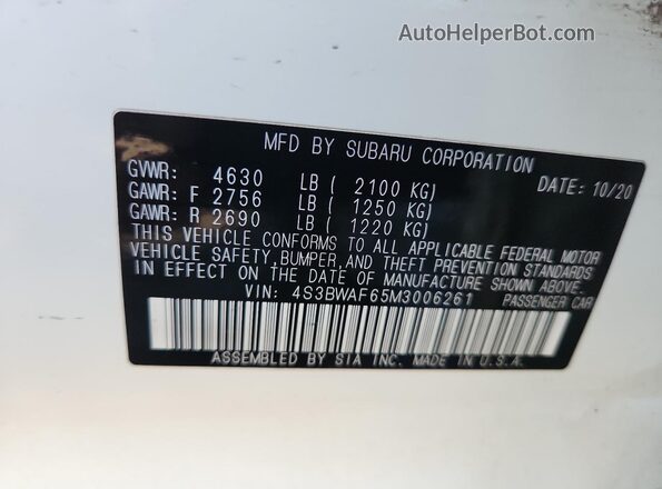 4S3BWAF65M3006261 2021 SUBARU LEGACY White Вид наклейки з VIN-кодом