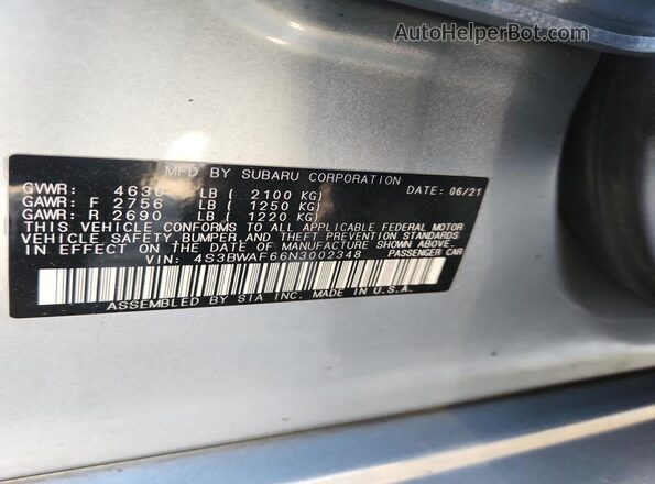 4S3BWAF66N3002348 2022 SUBARU LEGACY Silver VIN კოდის სტიკერის ხედი