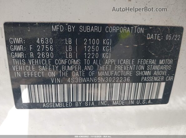 4S3BWAN65N3022236 2022 SUBARU LEGACY White Vista del compartimento del motor