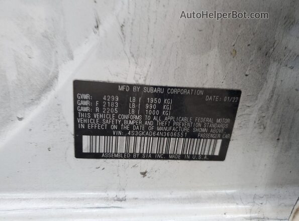 4S3GKAD64N3606551 2022 SUBARU IMPREZA Белый Вид наклейки с VIN-кодом