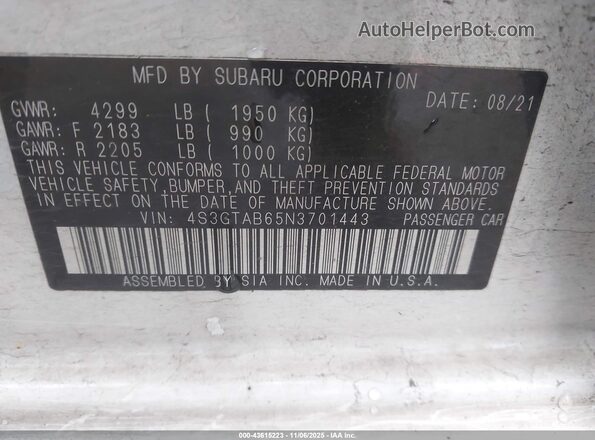 4S3GTAB65N3701443 2022 SUBARU IMPREZA White Vista del compartimento del motor