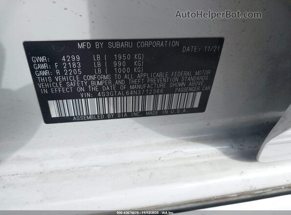 4S3GTAL64N3712366 2022 SUBARU IMPREZA Белый Вид подкапотного пространства