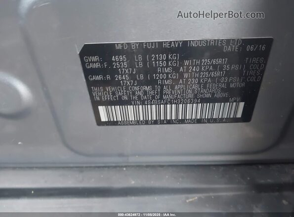 4S4BSAFC1H3206394 2017 SUBARU OUTBACK Blue Vista del compartimento del motor