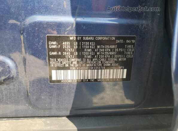 4S4BSAFC6K3350708 2019 SUBARU OUTBACK Blue VIN կոդի պիտակի տեսք