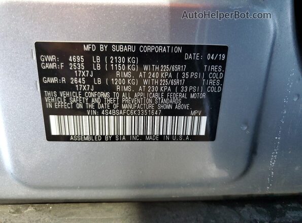 4S4BSAFC6K3351647 2019 SUBARU OUTBACK Silver Widok naklejki z numerem VIN