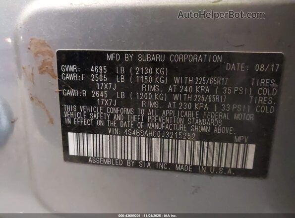 4S4BSAHC0J3215252 2018 SUBARU OUTBACK Silver 