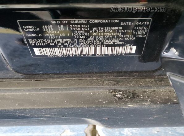 4S4BSANC5K3350586 2019 SUBARU OUTBACK Black VIN կոդի պիտակի տեսք