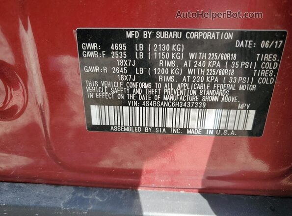 4S4BSANC6H3437339 2017 SUBARU OUTBACK Red Vista de la etiqueta del VIN